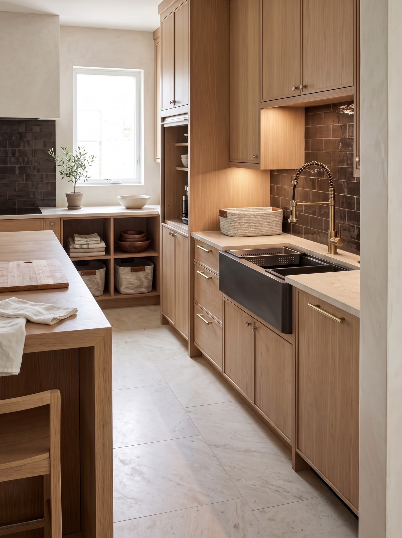 Light oak kitchen cabinetry with a dark apron sink, brass gooseneck faucet, and dark glazed tiled backsplash.