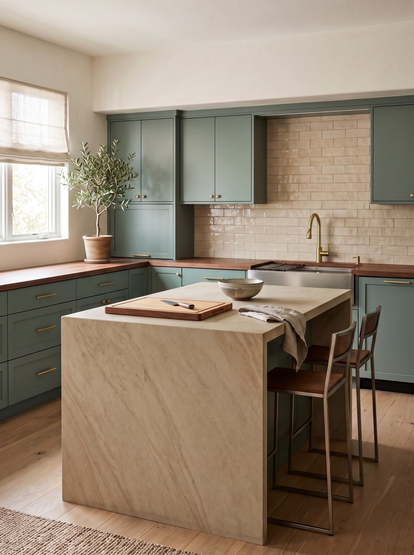 Sage-green kitchen with a solid sandstone waterfall island, wood countertops, brass faucet, and two timber barstools.