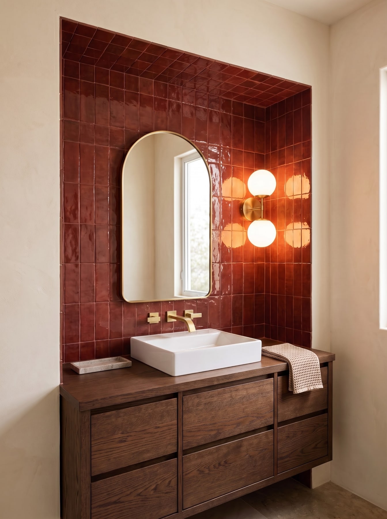 Powder room alcove clad in glossy rust-red tiles, featuring a dark wood vanity, arched brass mirror, and globe sconce.