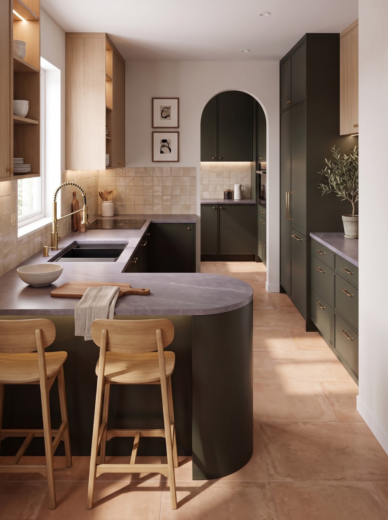 Olive green kitchen featuring a curved peninsula counter with stone top, wooden barstools, and an arched pantry doorway.