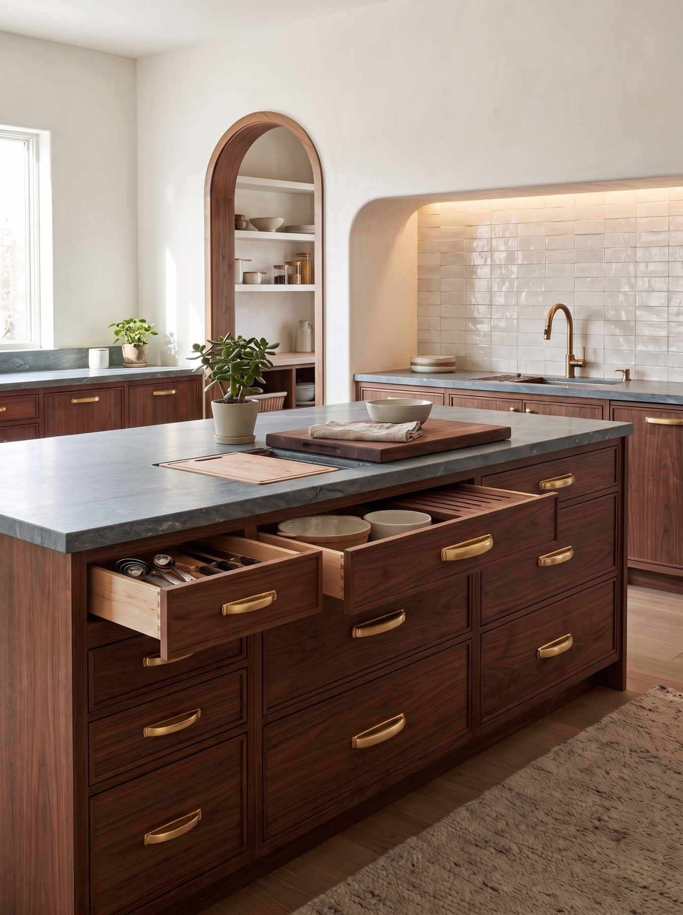 Walnut kitchen island with open dovetailed storage drawers showing utensil inserts, beneath a slate grey countertop.