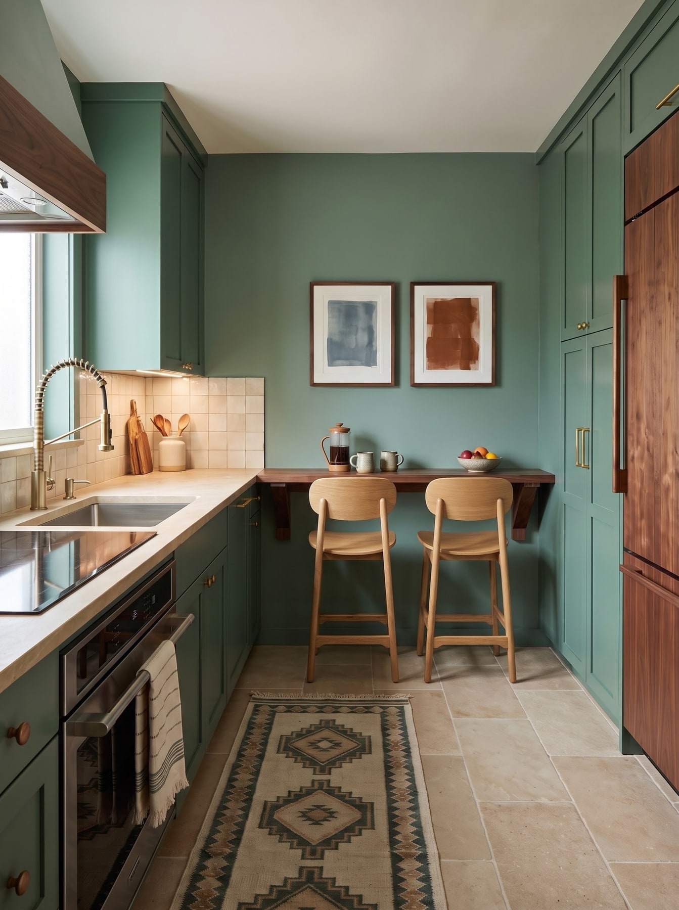 Compact sage-green kitchen with stainless steel appliances, tiled backsplash, patterned runner rug, and timber breakfast counter with two stools.