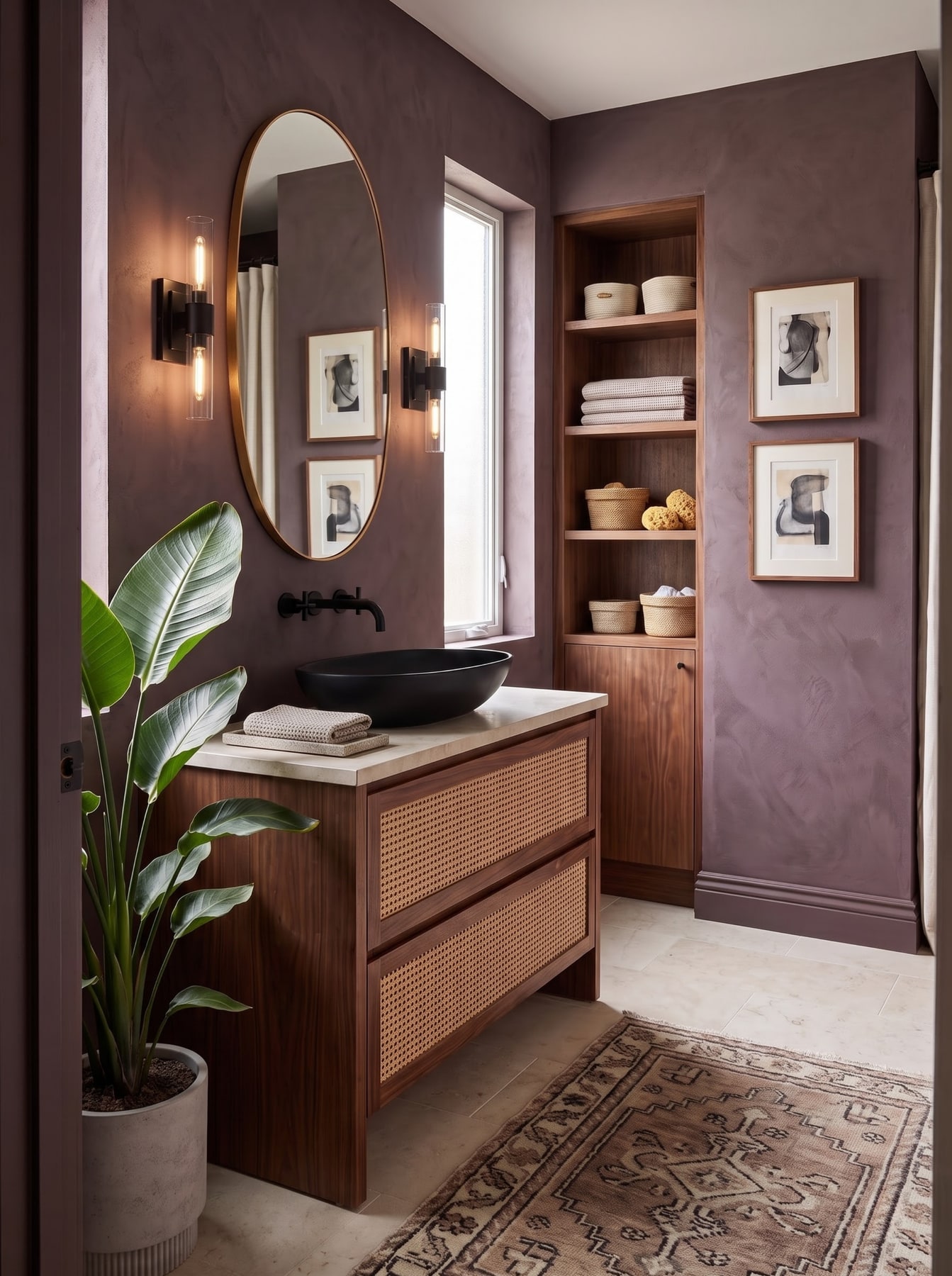 Mauve bathroom featuring a walnut vanity with woven cane drawer fronts, black vessel sink, and tall built-in linen cupboard.