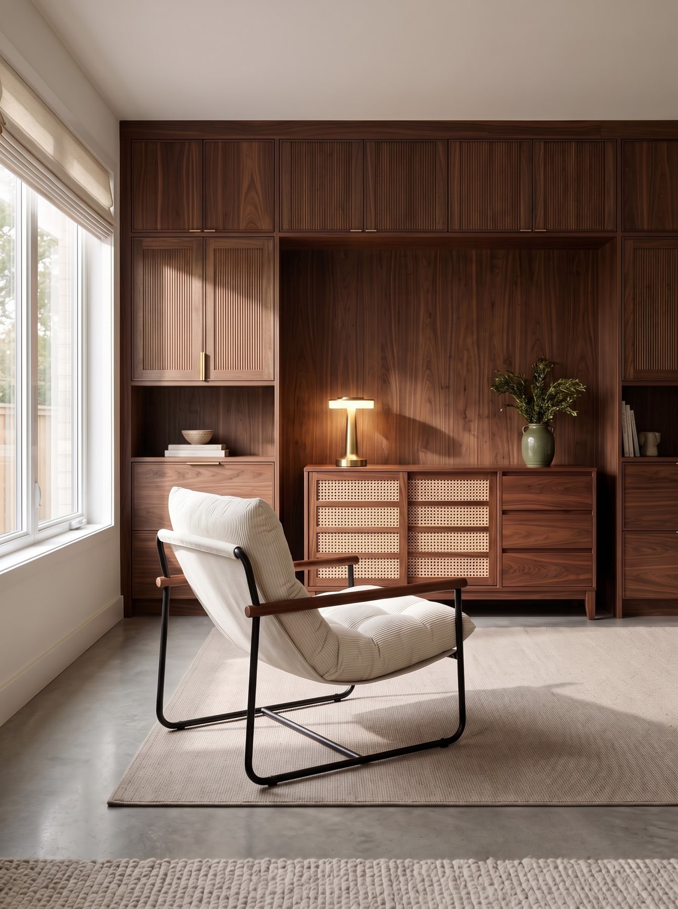 Built-in walnut wall unit framing a credenza with woven cane doors, gold table lamp, and modern cream armchair.