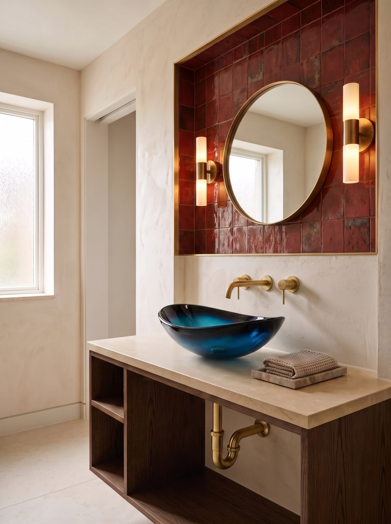 Bathroom alcove with glossy red tiles, round mirror, open timber vanity, and a vibrant translucent blue glass vessel basin.