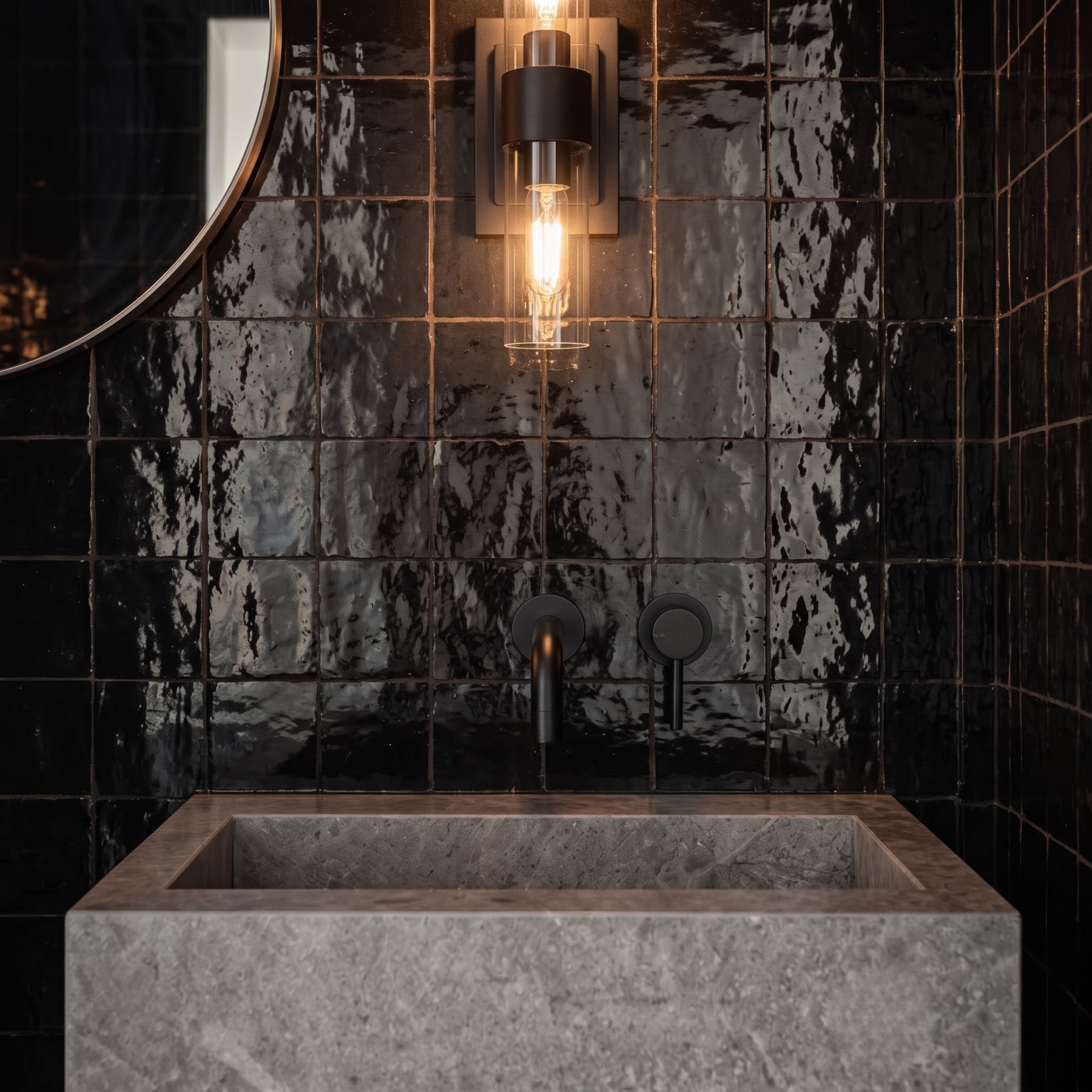 Close-up of a stone sink with matte black wall faucet against glossy black zellige tiles and glowing sconce.