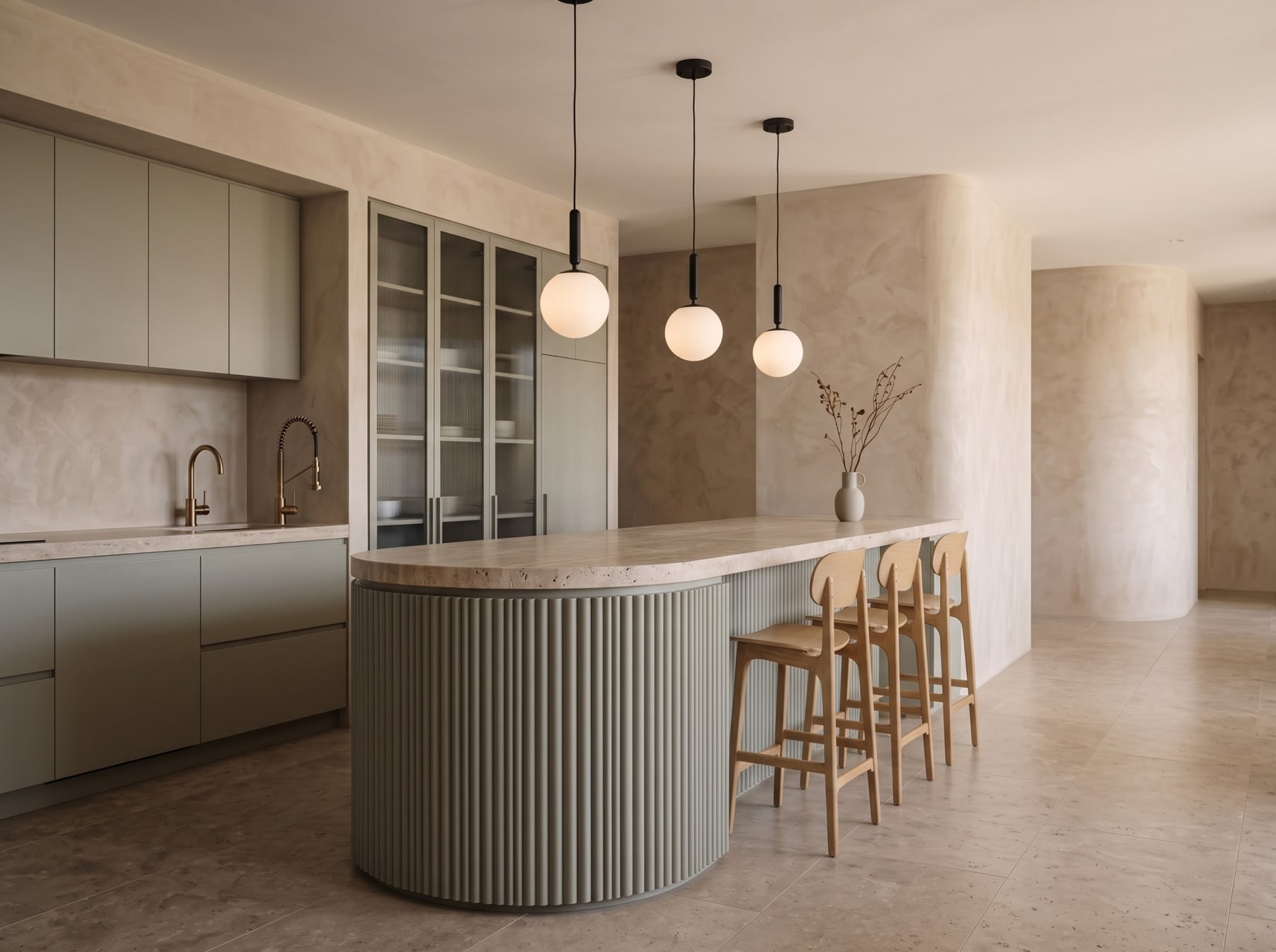 Spacious kitchen featuring a curved celadon fluted island, pale stone counter, three wooden barstools, and globe pendant lighting.