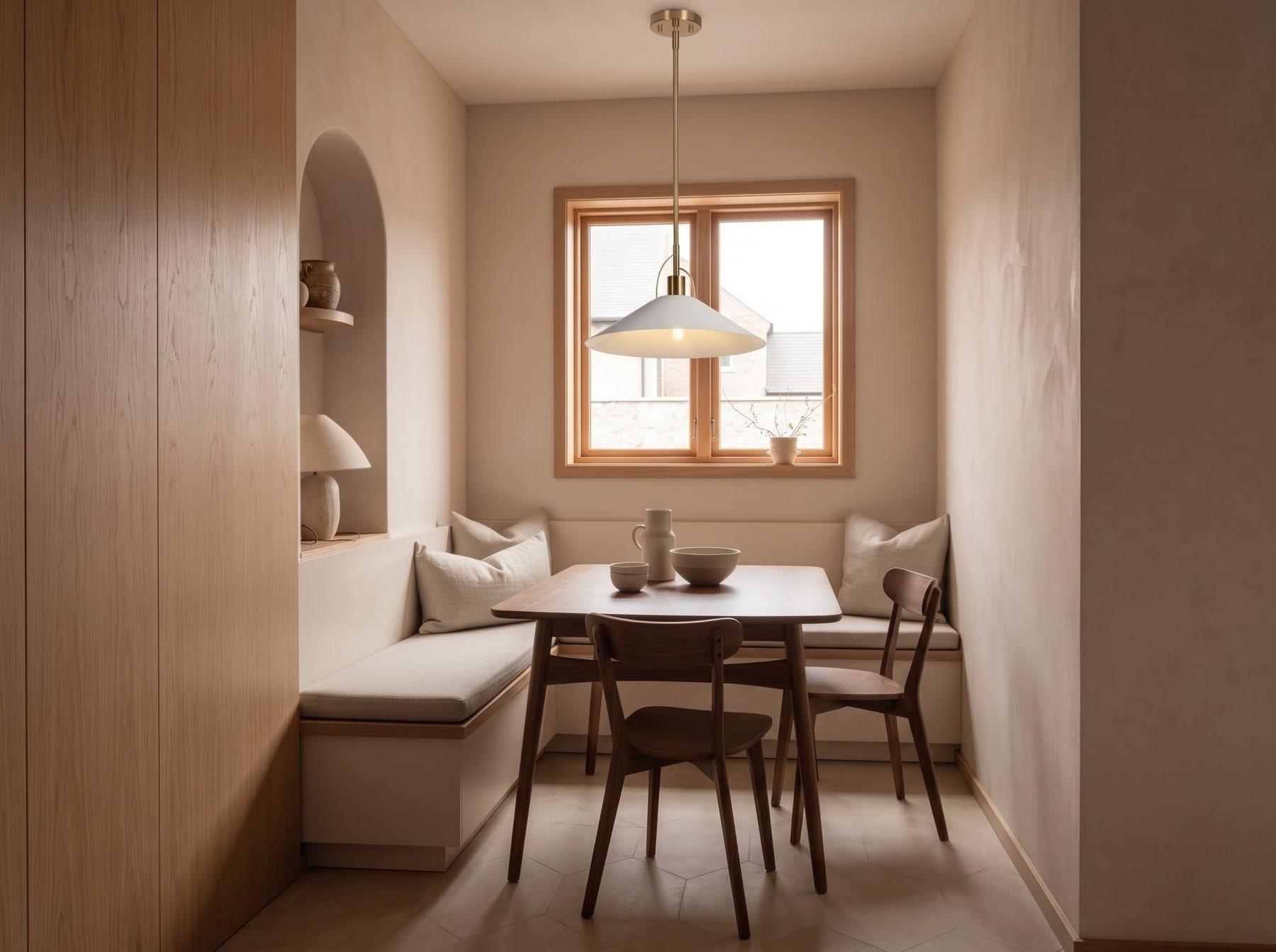 Cozy dining alcove with built-in L-shaped bench seating, wooden table and chairs, pendant lamp, and arched wall niche.