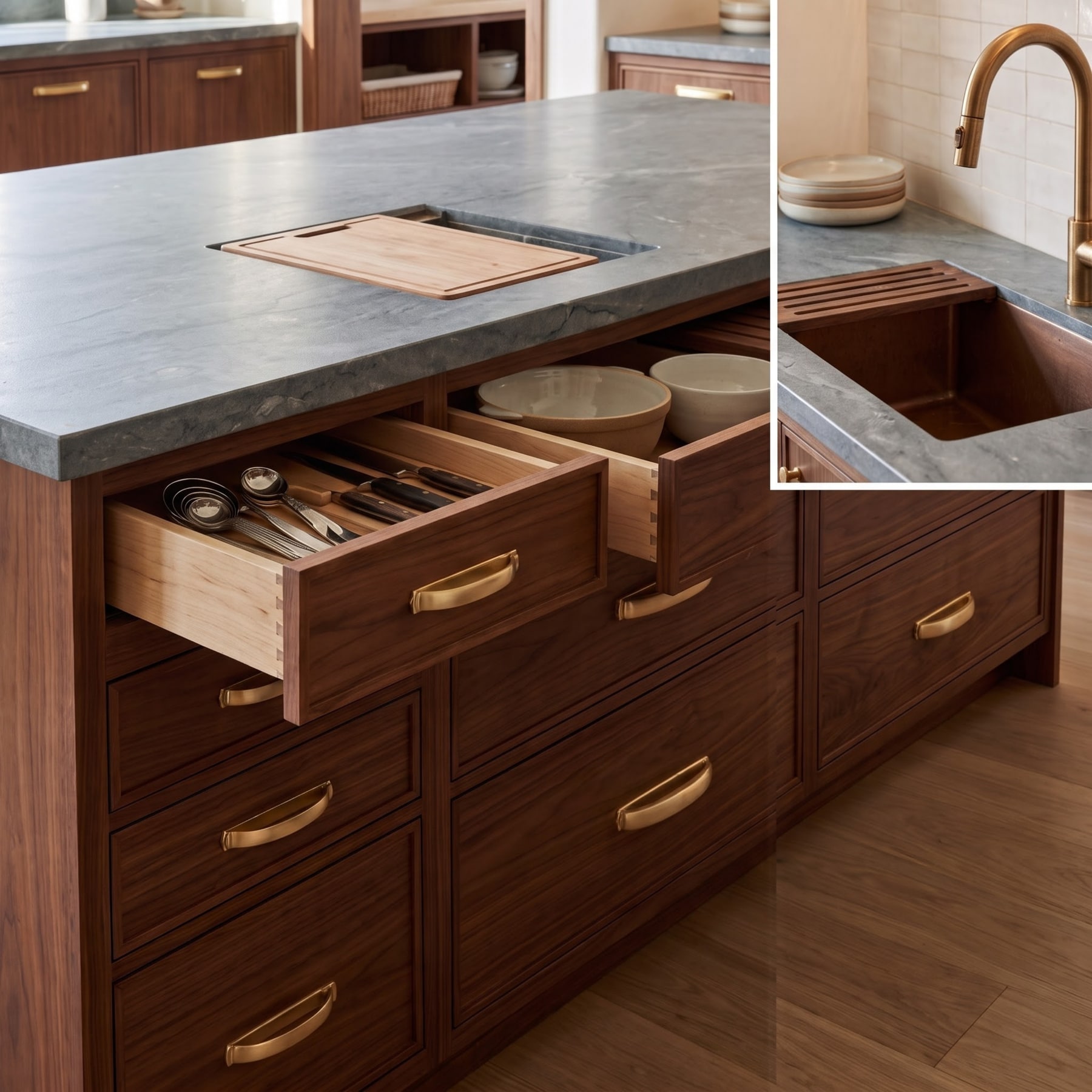 Detail of walnut kitchen island showing open dovetail cutlery drawers with brass pulls alongside an integrated sink inset.
