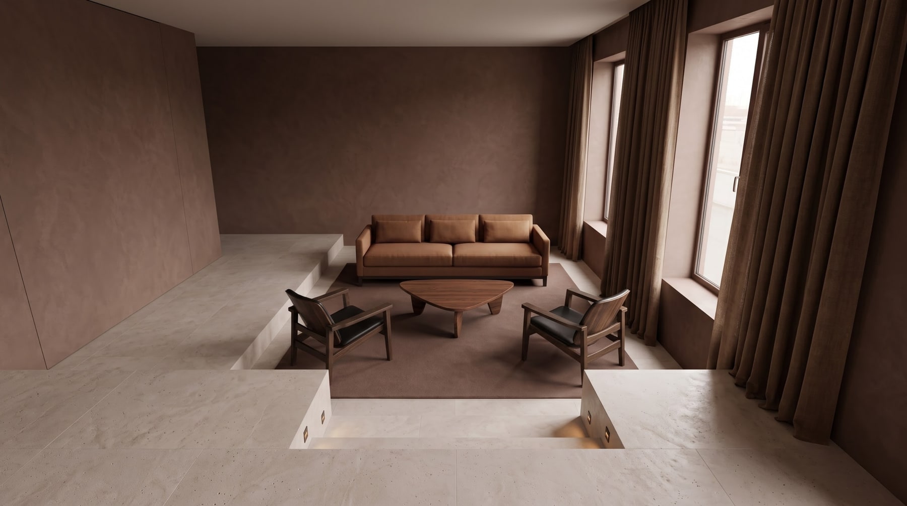 Wide view of a chocolate-brown sunken living room with central sofa, triangular coffee table, and wood-framed armchairs.