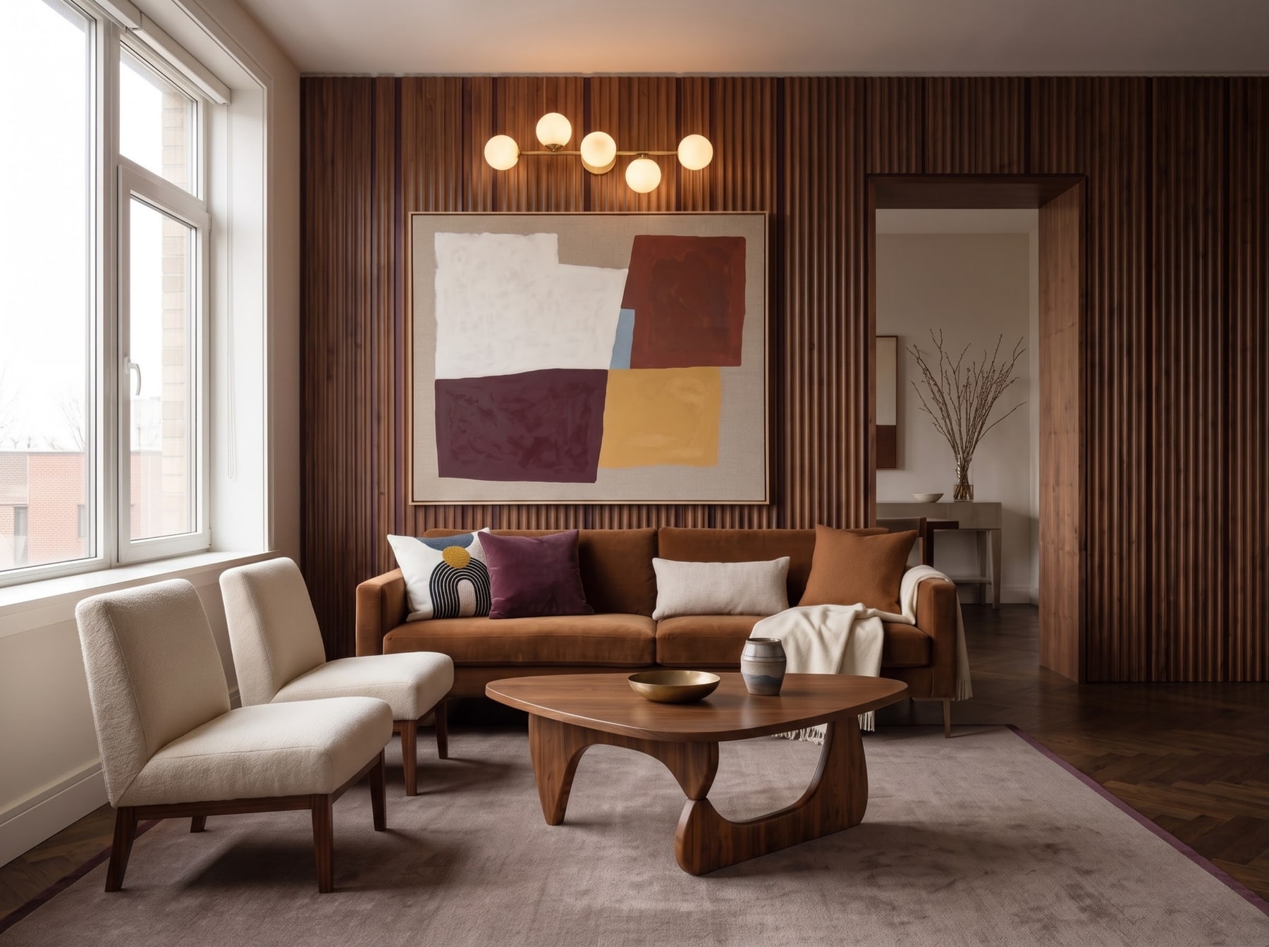 Living room featuring a vertical slatted walnut wall, five-bulb brass light fixture, rust velvet couch, and two cream armchairs.