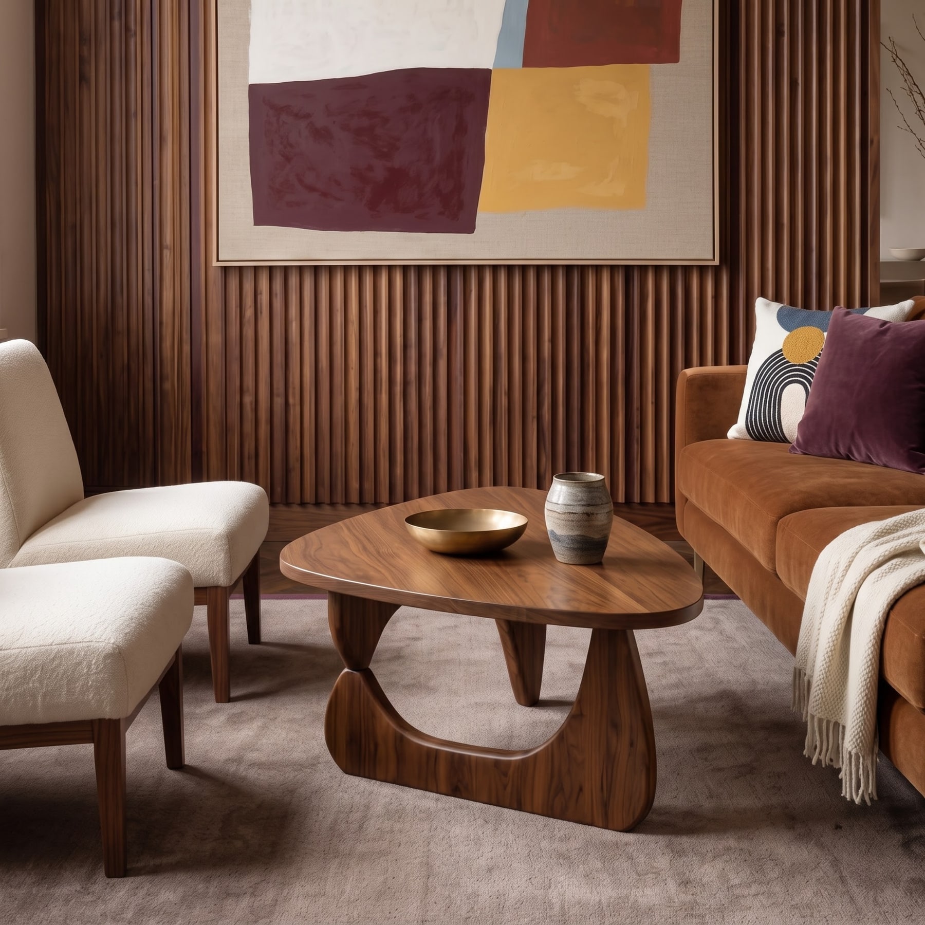 Living room vignette with a triangular walnut coffee table, brass bowl, rust velvet sofa, and fluted wood wall.