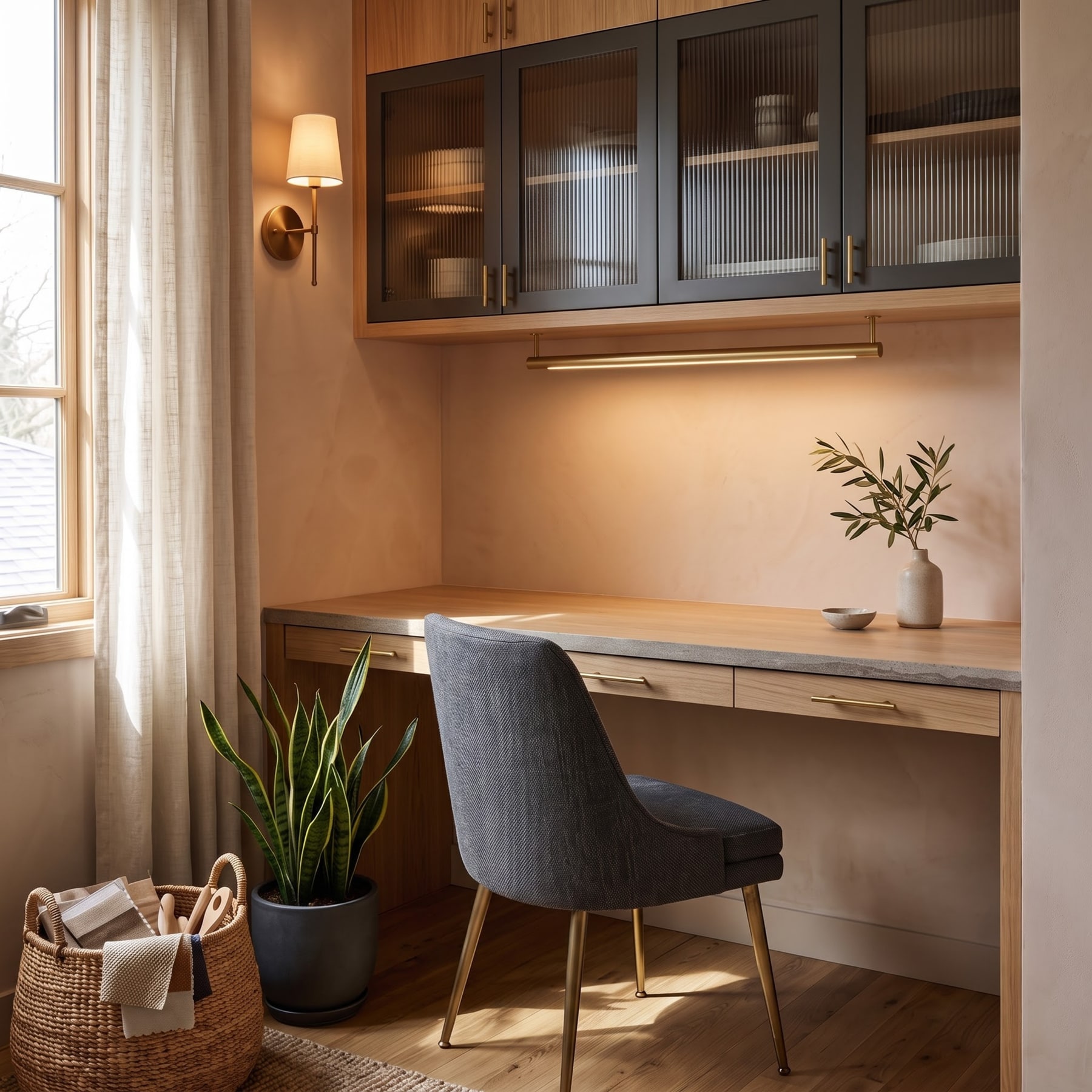 Oak desk alcove with fluted glass wall cabinets, brass task lighting, upholstered chair, potted plant, and woven basket.