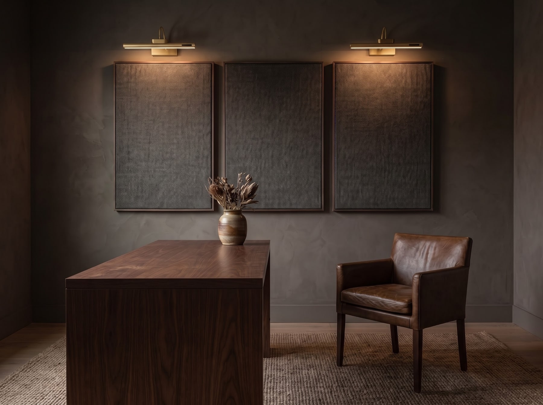 Moody home office with walnut executive desk, leather chair, jute rug, and three illuminated wall panels.