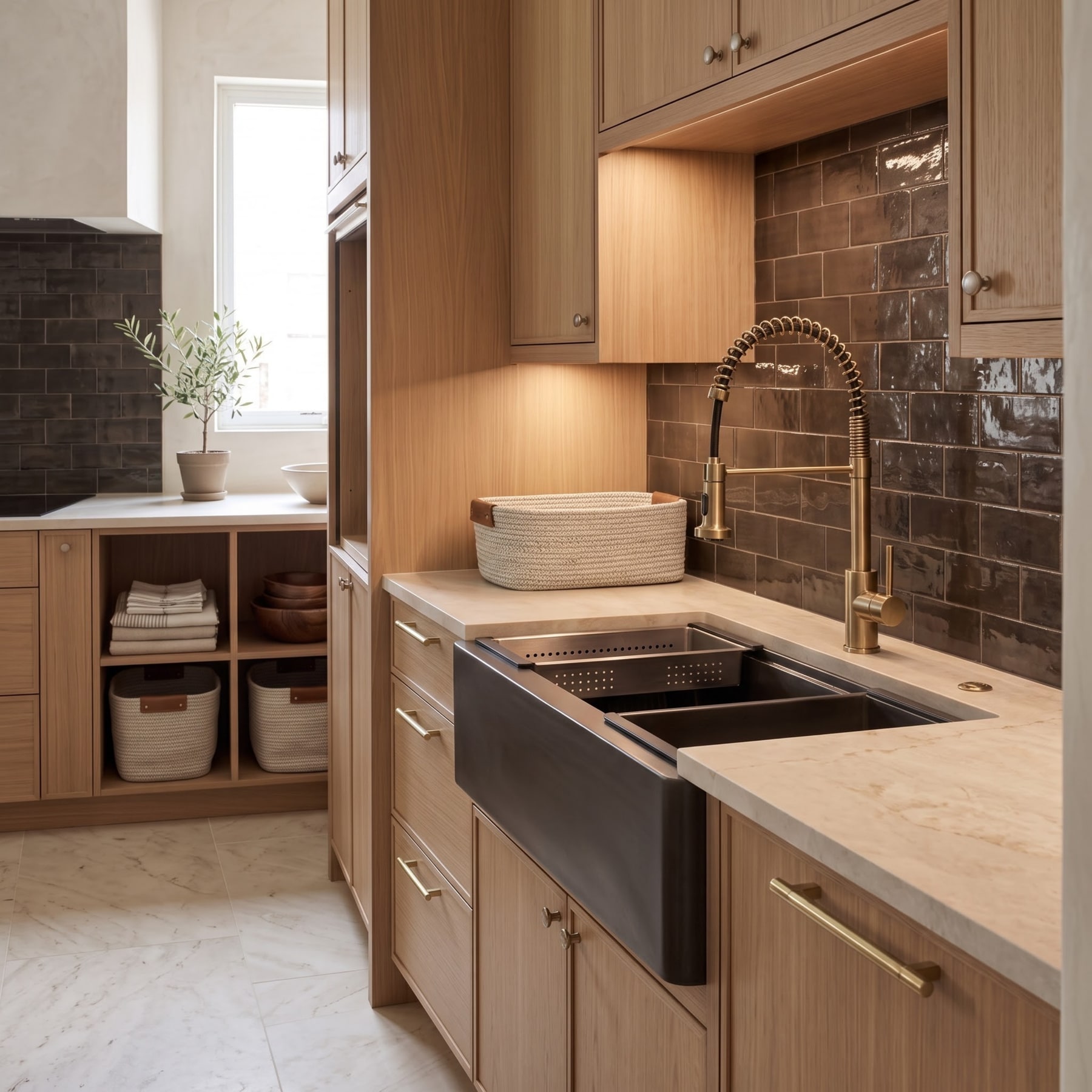 Close-up of a graphite apron sink with commercial brass faucet, marble countertop, and brown glazed tile backsplash.
