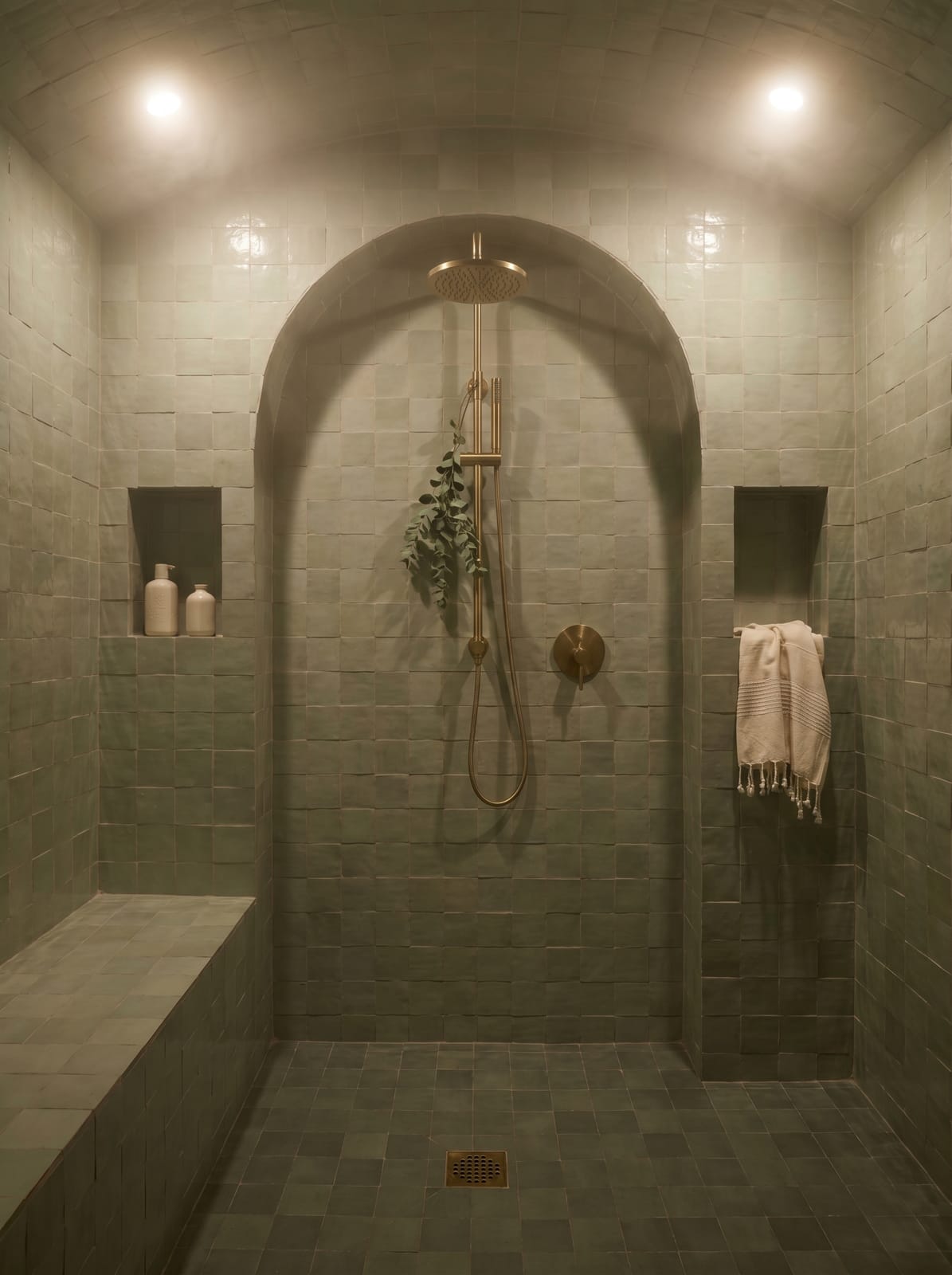 Hammam-Inspired Bathroom — warm modern bathroom interior concept with plaster, stone, brass