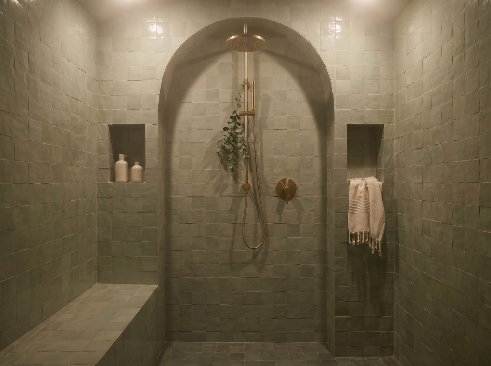 Hammam-Inspired Bathroom — warm modern bathroom interior concept featuring plaster, stone, brass