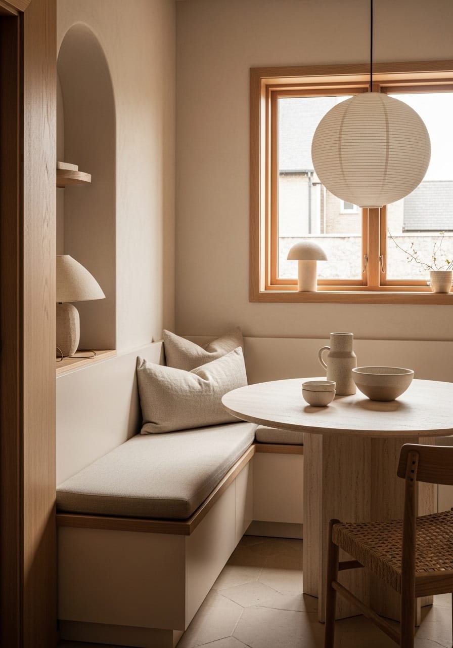 Pale Oak Dining Nook — warm modern dining room interior concept with oak, plaster, linen
