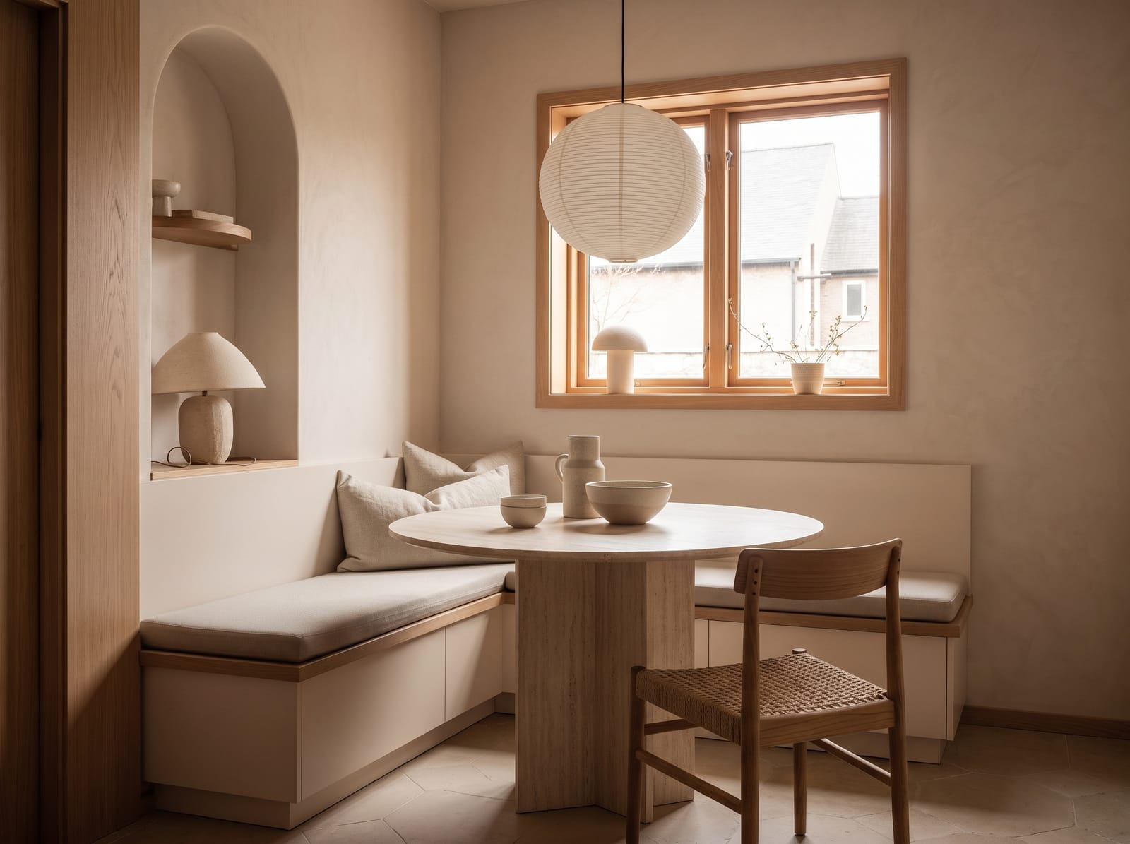 Pale Oak Dining Nook — warm modern dining room interior concept featuring oak, plaster, linen