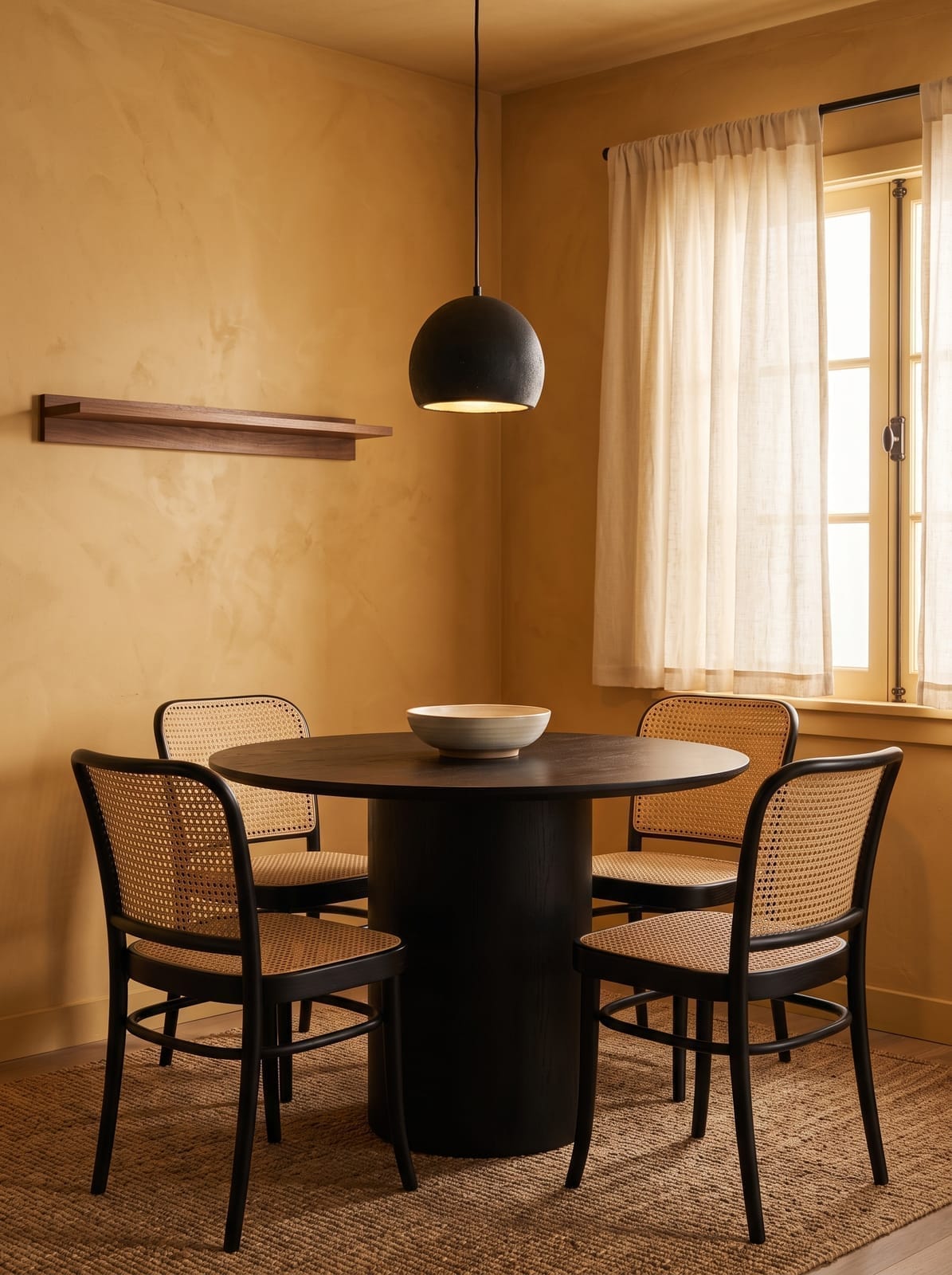 Saffron Plaster Dining Nook — warm modern dining room interior concept with plaster, oak, cane