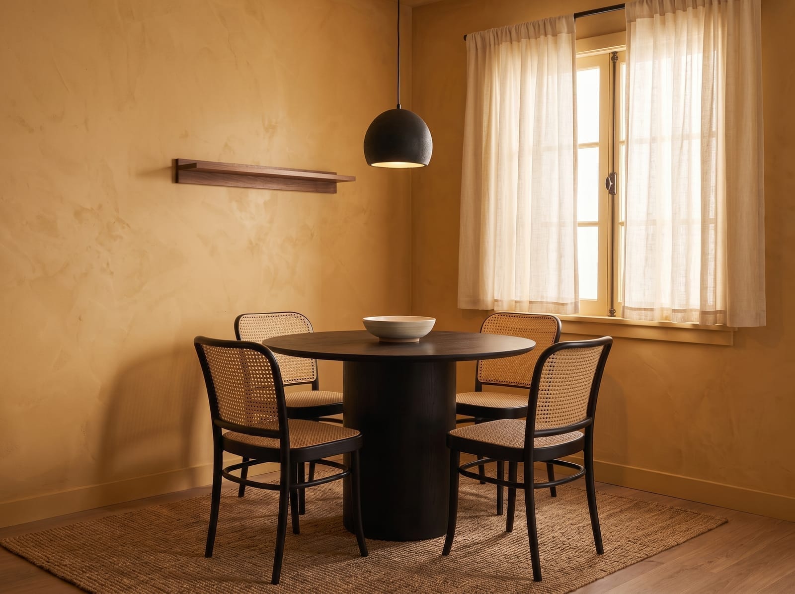 Saffron Plaster Dining Nook — warm modern dining room interior concept featuring plaster, oak, cane