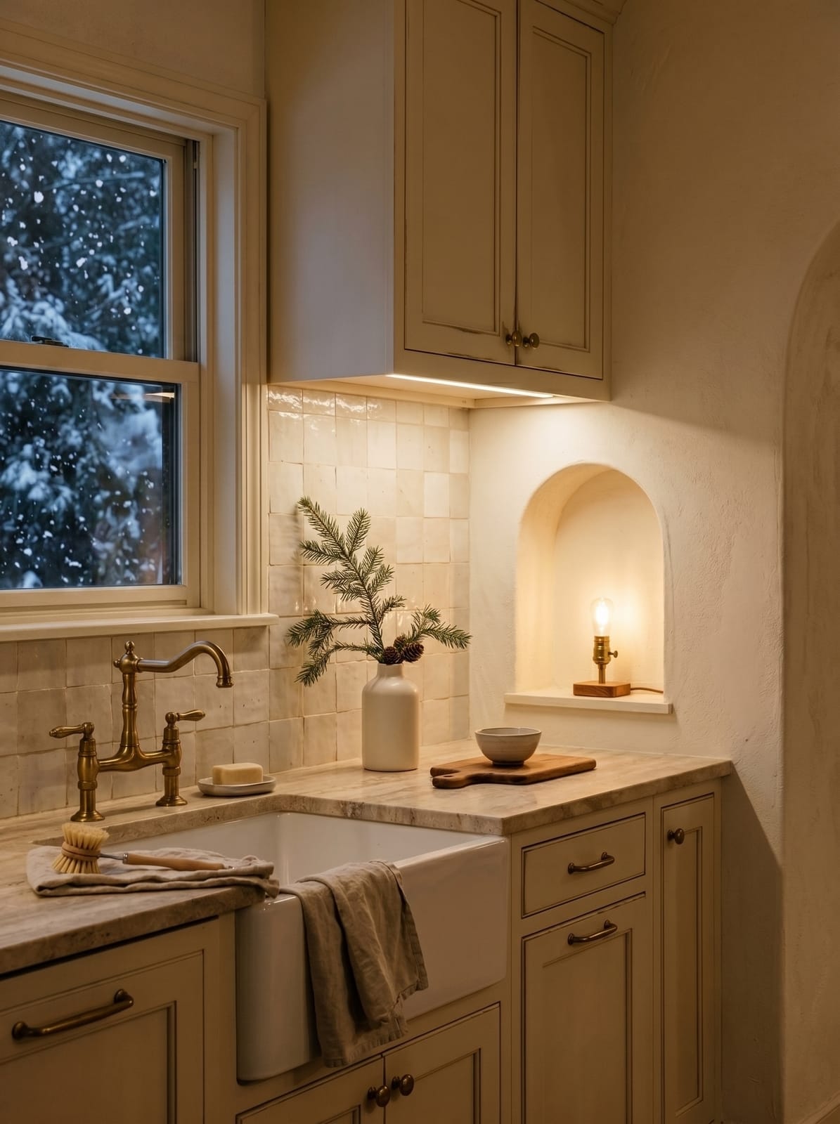 Cream Winter Kitchen — warm modern kitchen interior concept with limestone, plaster, oak