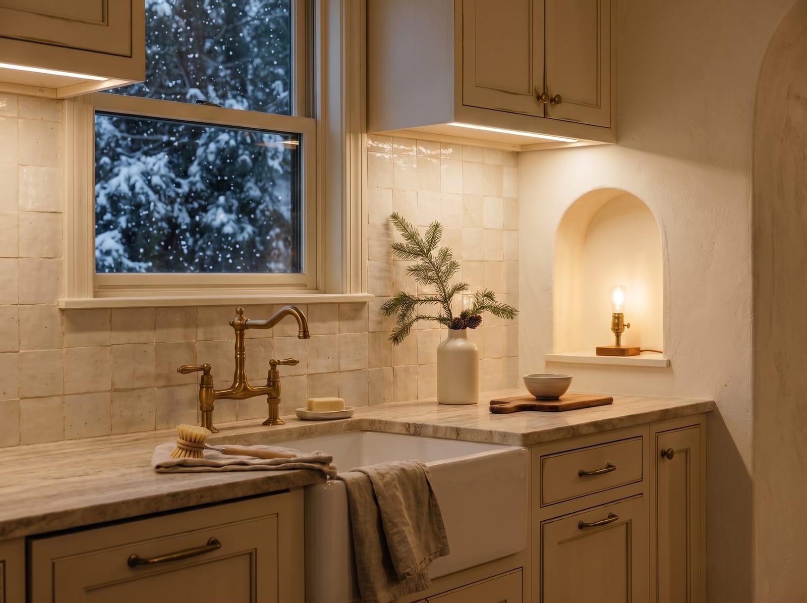Cream Winter Kitchen — warm modern kitchen interior concept featuring limestone, plaster, oak