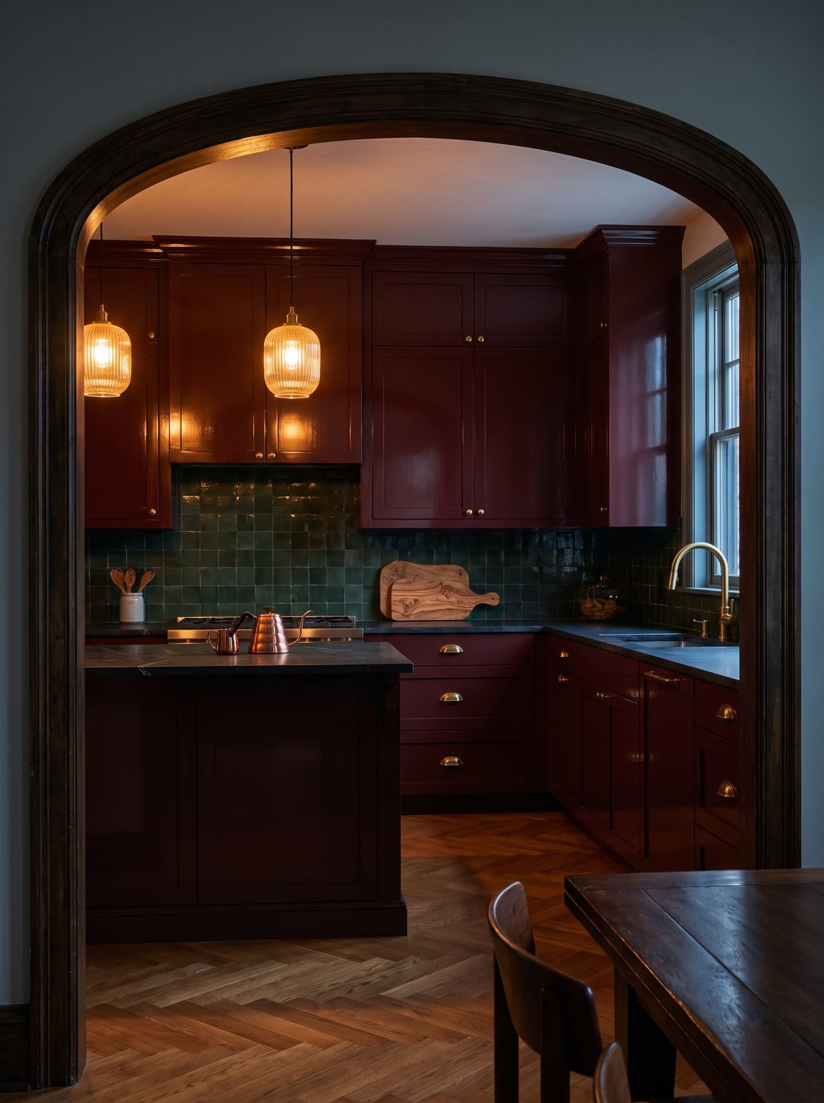 Plum Arched Kitchen — warm modern kitchen interior concept with plum lacquered wood, zellige clay tile, marble