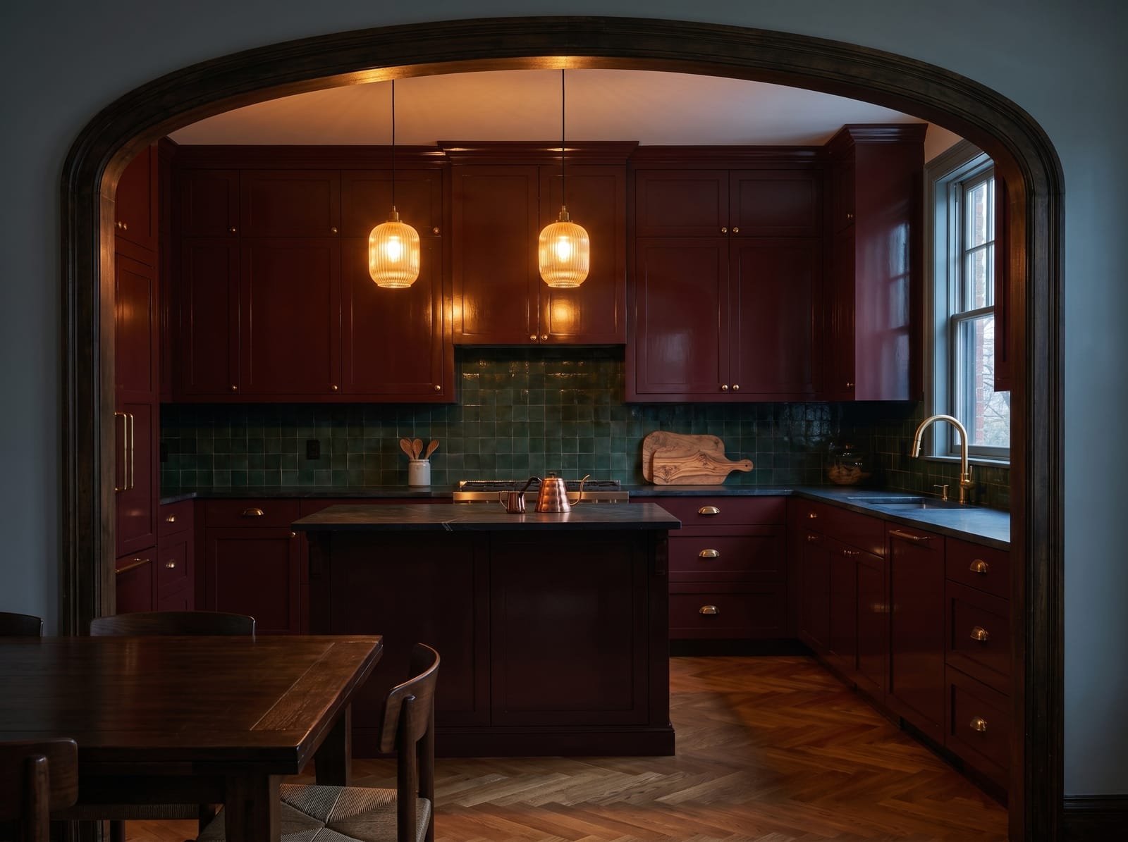 Plum Arched Kitchen — warm modern kitchen interior concept featuring plum lacquered wood, zellige clay tile, marble