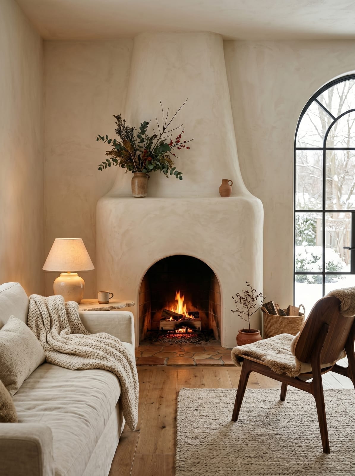 Plaster Fireplace Living Room — warm modern living room interior concept with plaster, linen, oak, stone
