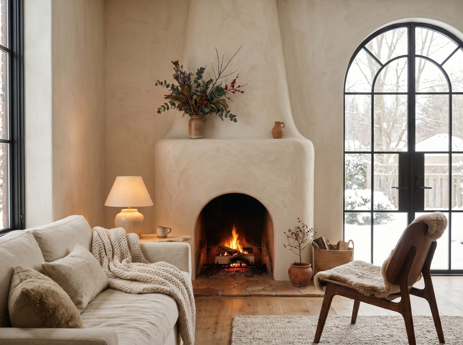 Plaster Fireplace Living Room — warm modern living room interior concept featuring plaster, linen, oak, stone