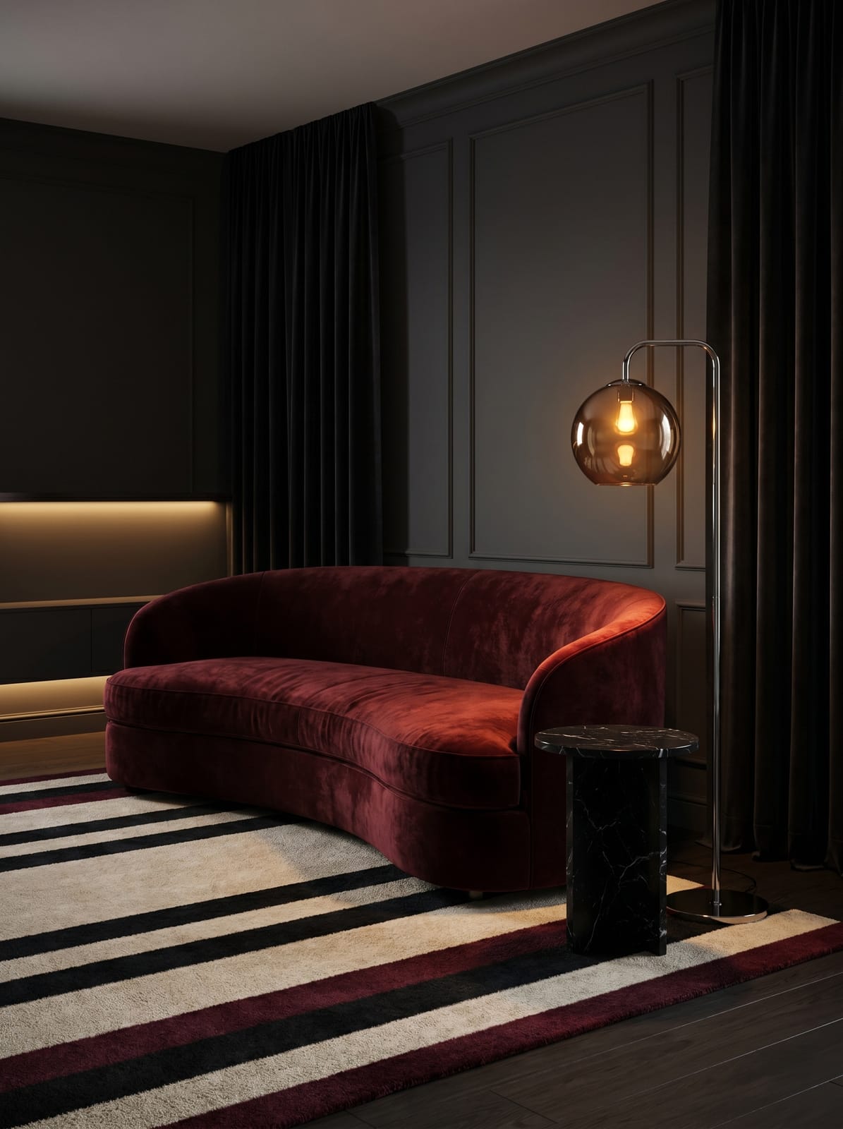 Rust Velvet Sofa Living Room — warm modern living room interior concept with velvet, bouclé, walnut, stone