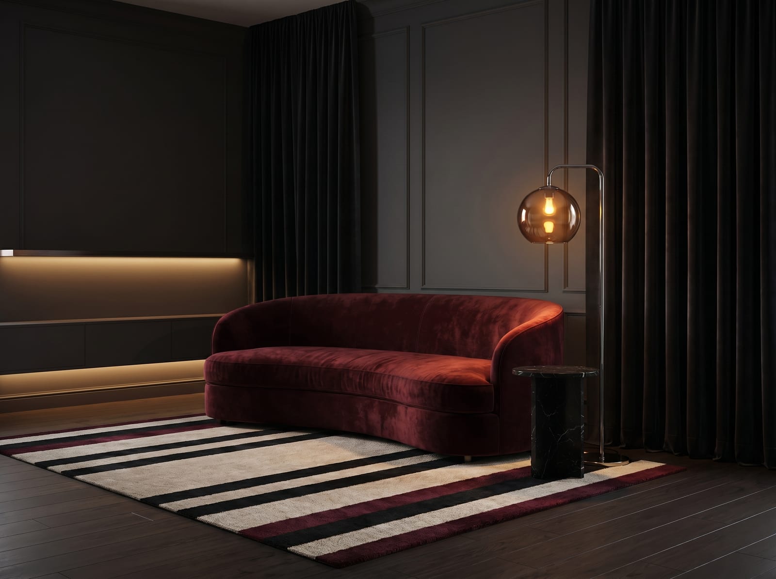 Rust Velvet Sofa Living Room — warm modern living room interior concept featuring velvet, bouclé, walnut, stone