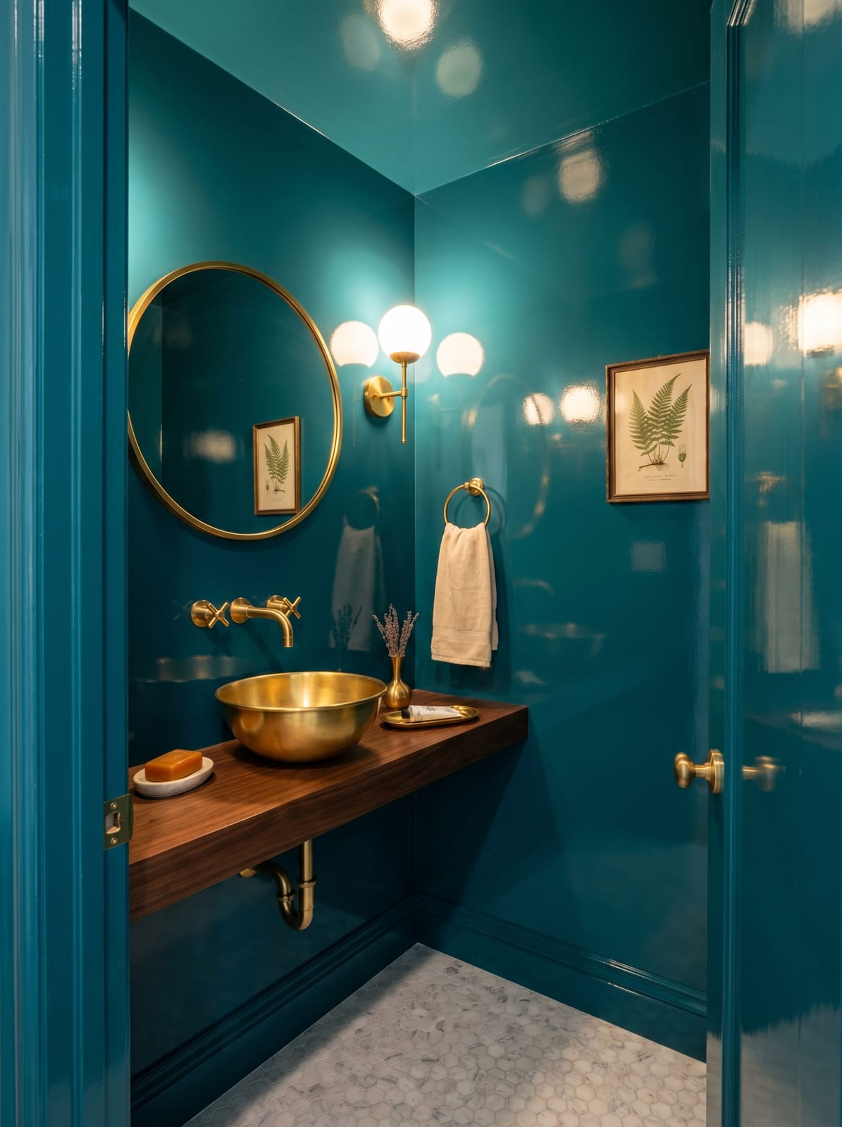 Teal Powder Room — warm modern powder room interior concept with plaster, oak, brass