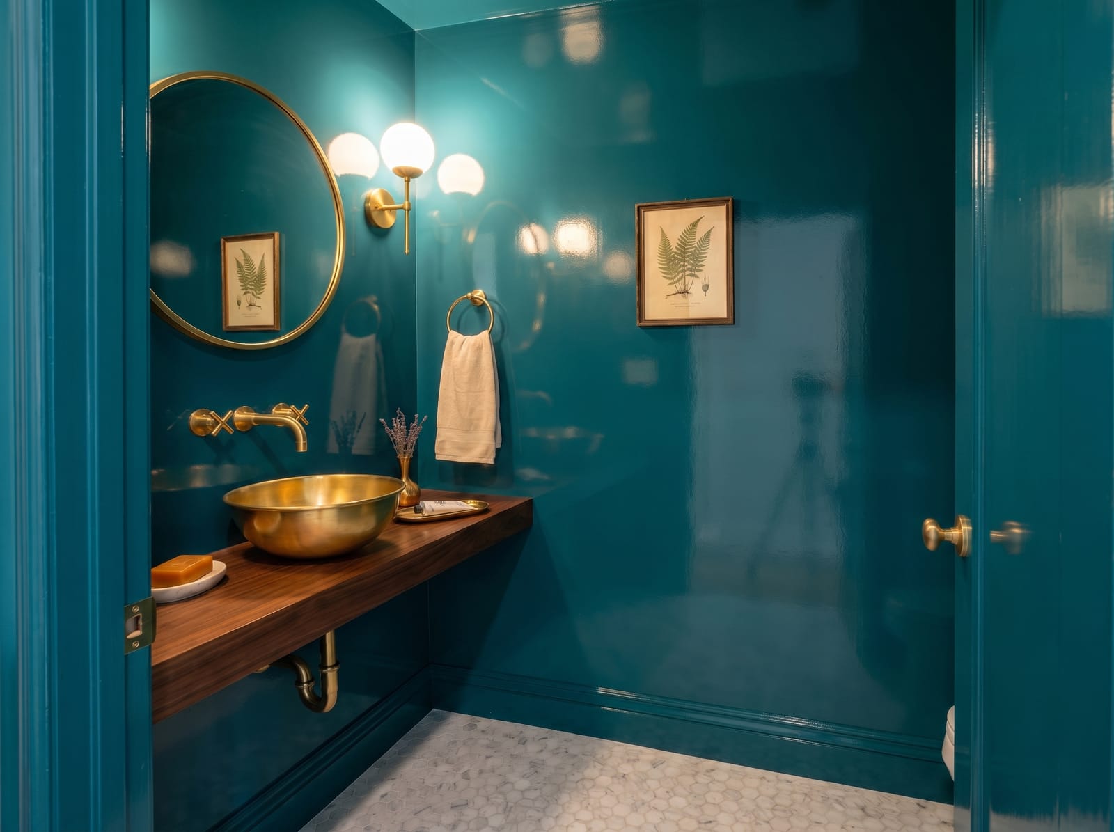 Teal Powder Room — warm modern powder room interior concept featuring plaster, oak, brass