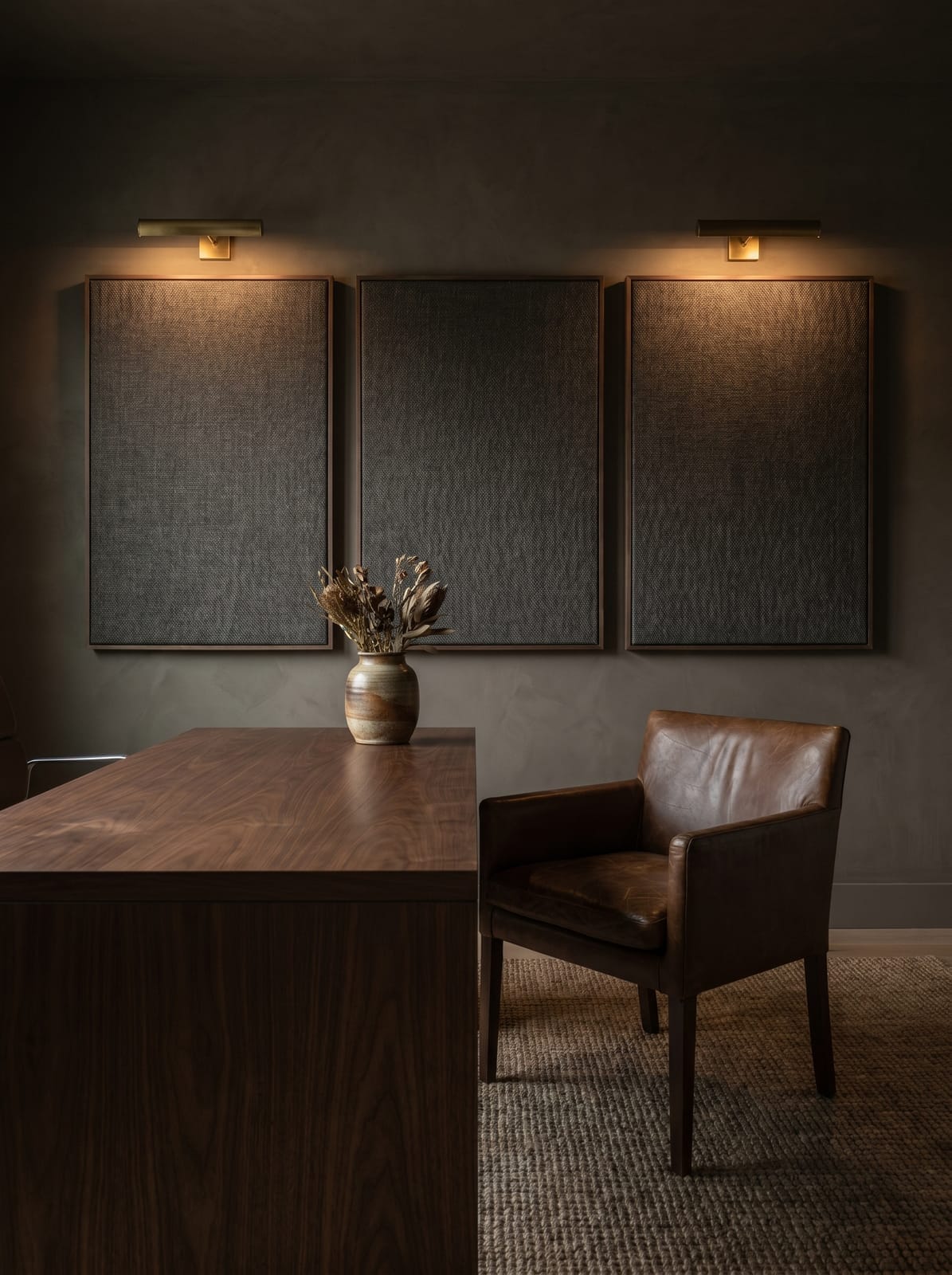 Moody Home Office — warm modern workspace interior concept with walnut, leather, brass