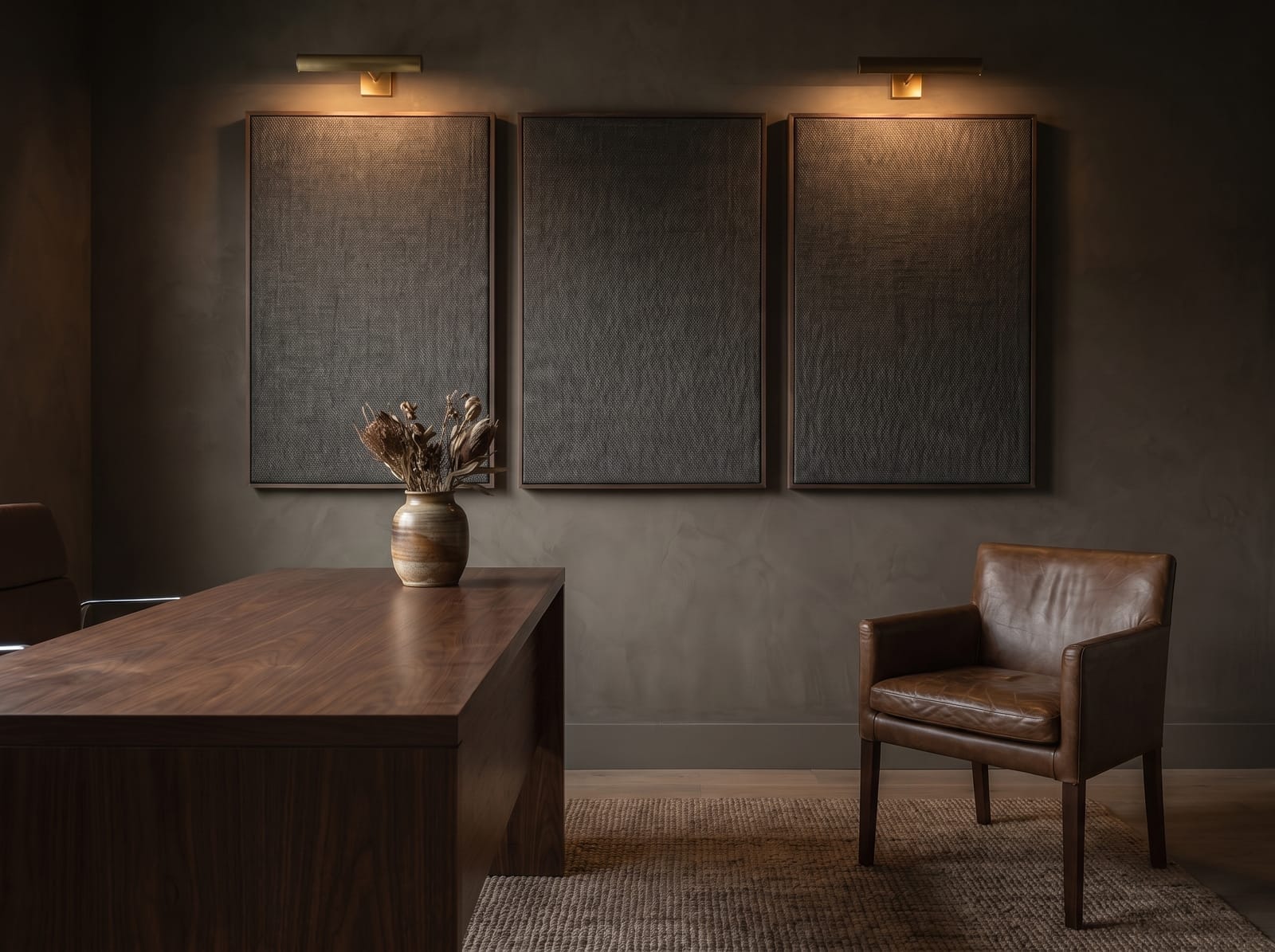 Moody Home Office — warm modern workspace interior concept featuring walnut, leather, brass