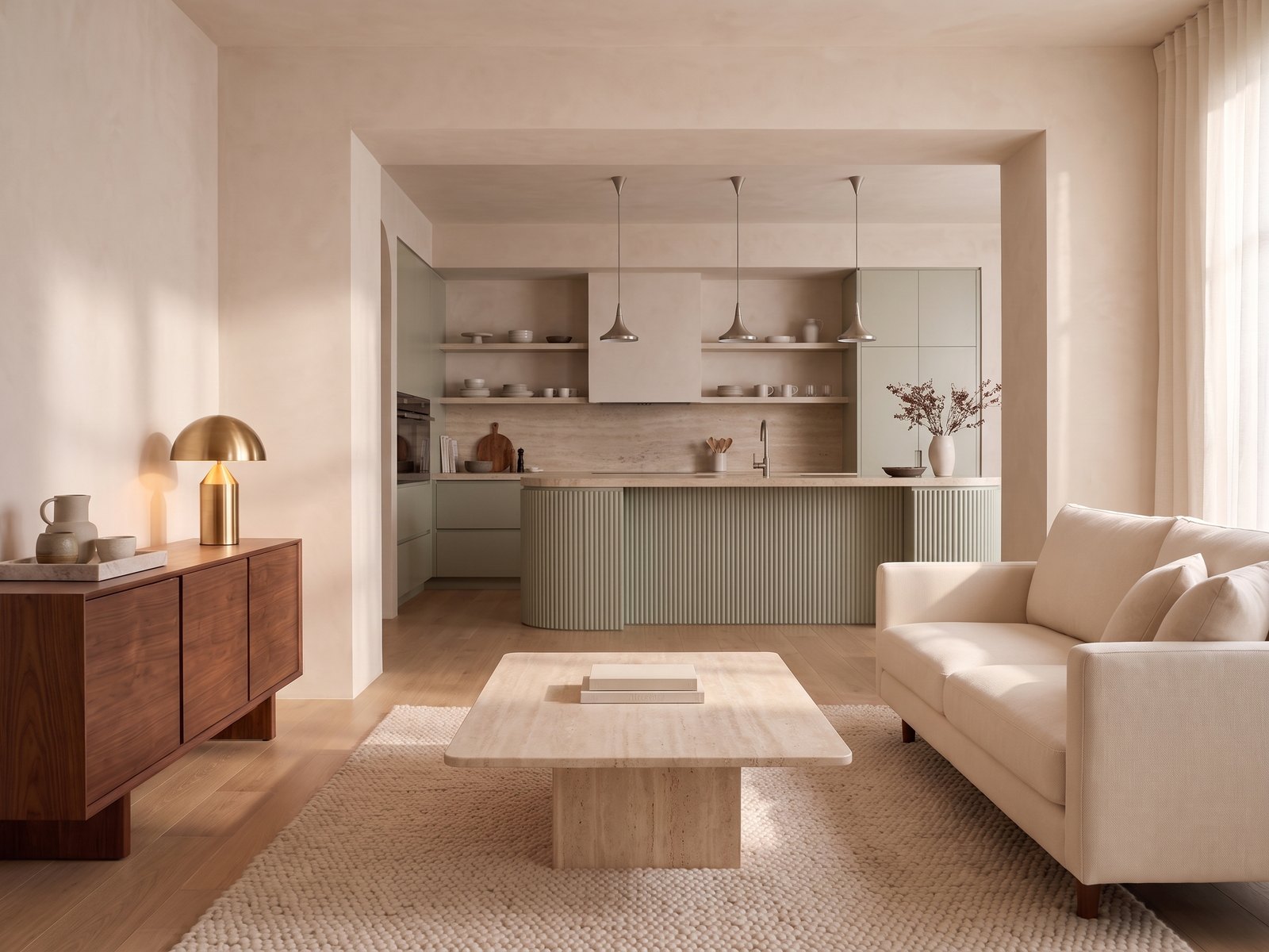 Warm modern open-plan living room and kitchen with an ivory sofa, walnut storage, stone coffee table and pendant lighting.
