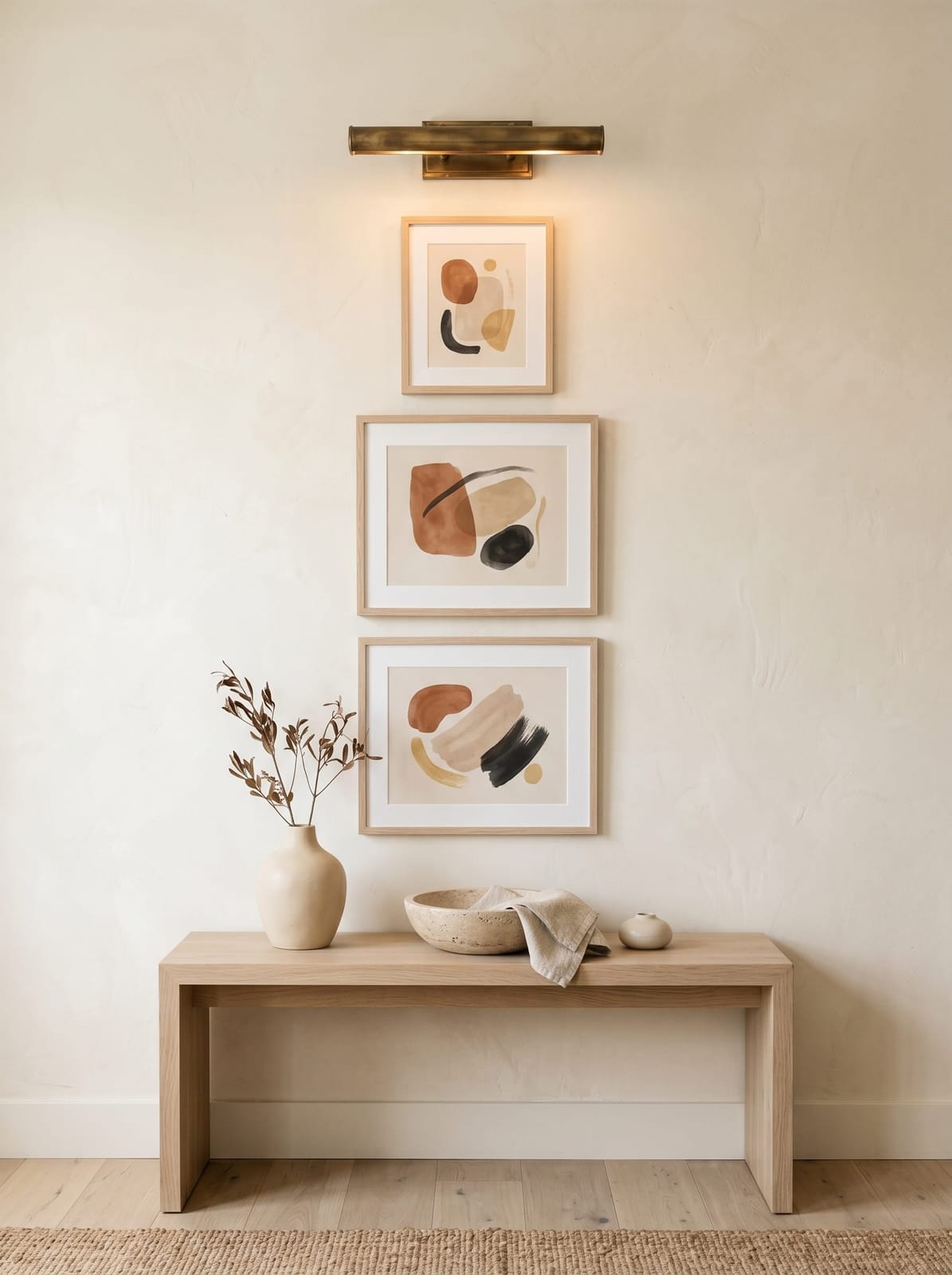 Neutral Abstract Gallery Wall — mixed media & plaster on canvas styled in a warm modern interior, vertical trio orientation