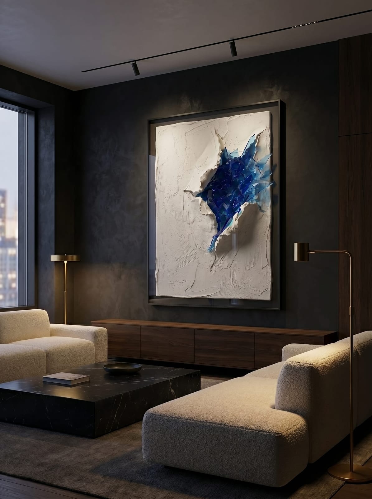 Sapphire Plaster Fracture — textured plaster & acrylic on canvas styled in a warm modern interior, vertical orientation