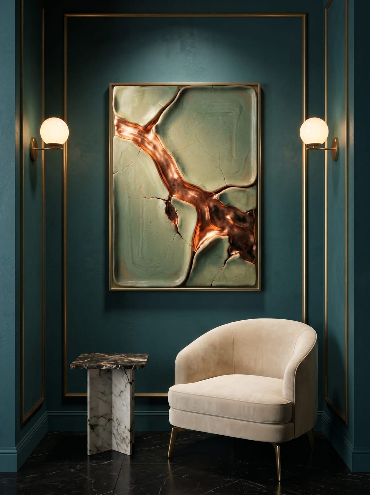 Teal Copper Fracture Wall Art — textured plaster & metallic acrylic on canvas styled in a warm modern interior, vertical diptych orientation